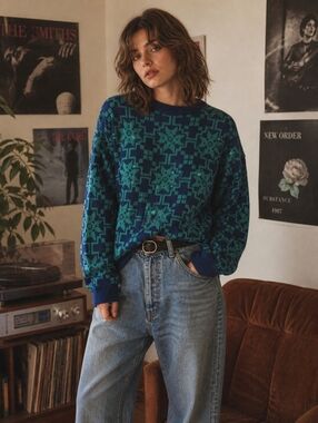 ESPRIT VINTAGE PATTERN SWEATER 80s 90s STYLE OVERSIZED KNIT GEOMETRIC PRINT